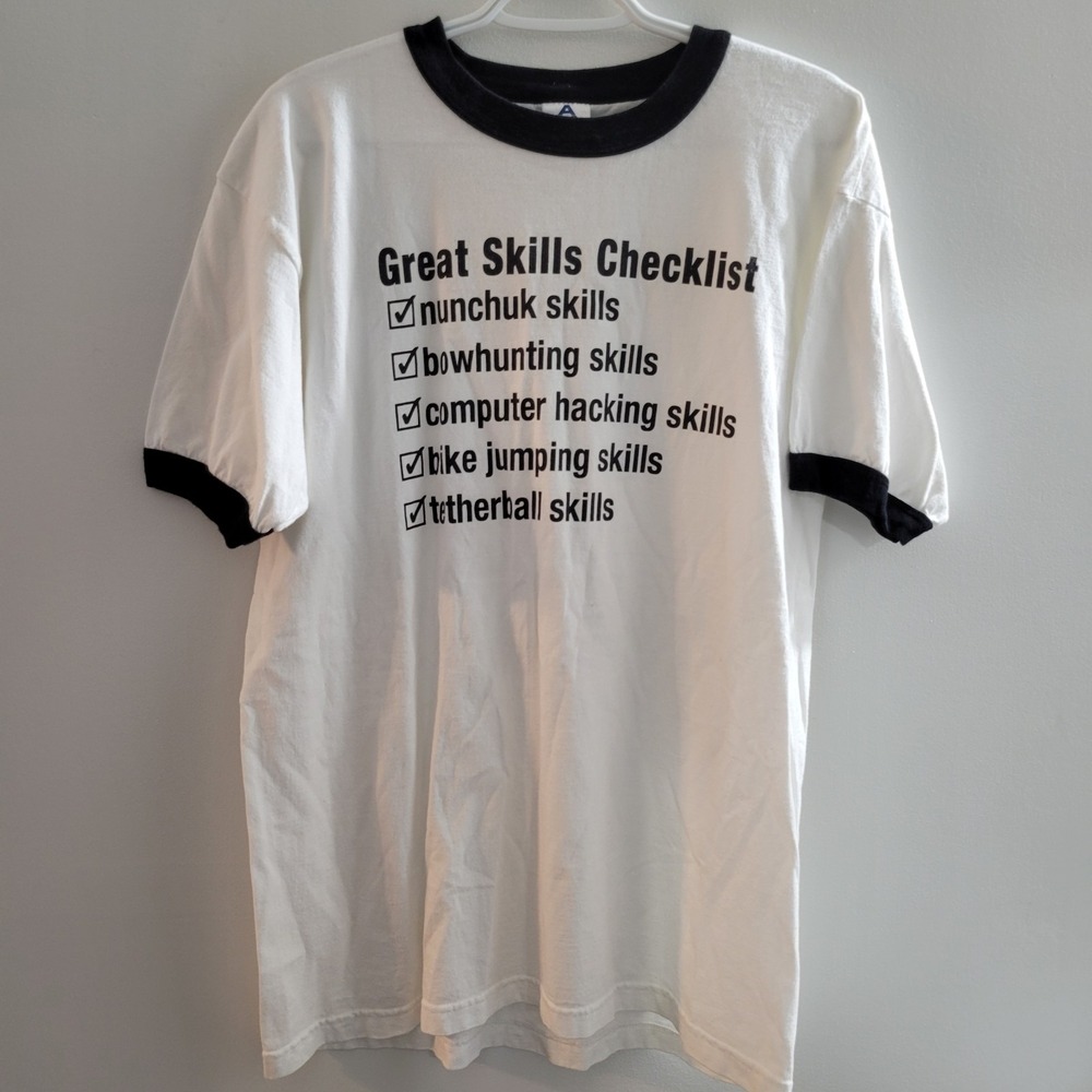 Vintage Y2K Napoleon Dynamite Great Skills Checklist Ringer T-Shirt Size Large